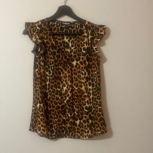 Express leopard sleeveless top. Black and brown cheetah print. Ruffle at sleeve.
